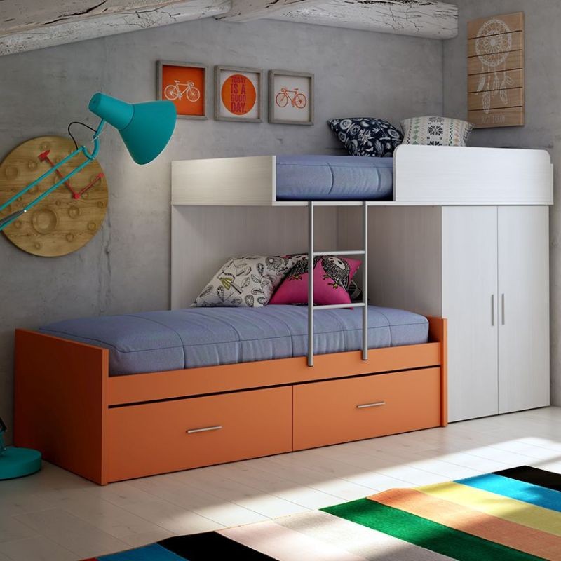 Cama tren juvenil Blanco Nieve y Naranja