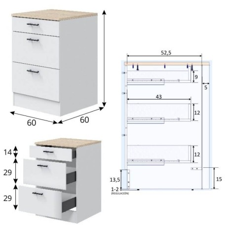 Mueble Bajo Cocina 3 Cajones 60 cm Mobelcenter