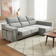 Sofá Chaiselongue Lucas con Arcón Gris Visto Frente Derecha Mobelcenter