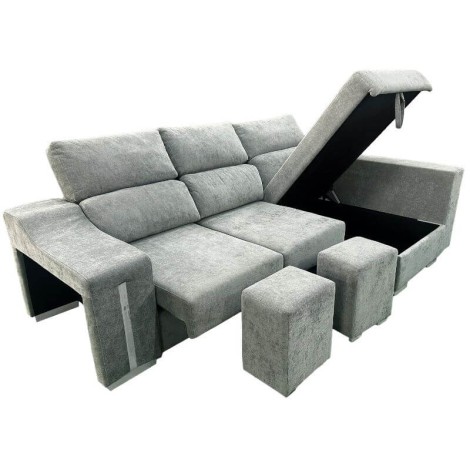 Sofá Chaiselongue Lucas con Arcón Gris Visto Frente Derecha Mobelcenter