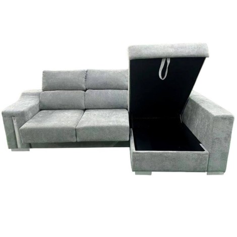 Sofá Chaiselongue Lucas con Arcón Gris Visto Frente Derecha Mobelcenter