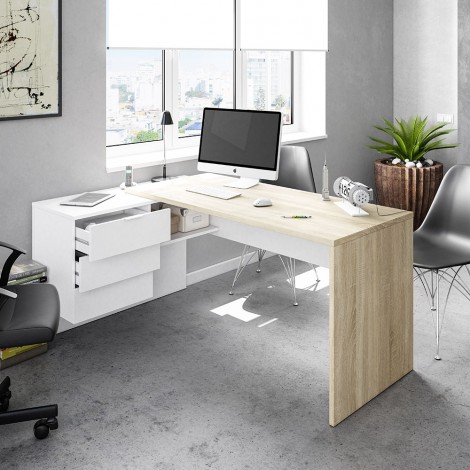 Mesa de Oficina/Despacho con cajones 145 x 108 cm. en Roble Canadian y  Blanco Artik