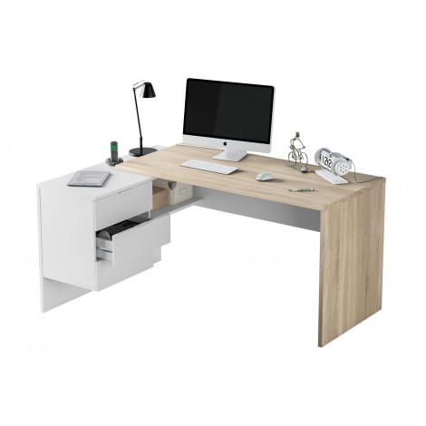 Mesa de escritorio con cajonera y estante Blanco Artik y Roble Canadian Mobelcenter
