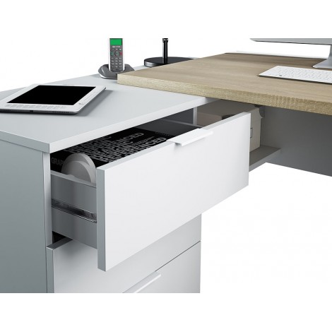 Mesa de escritorio con cajonera y estante Blanco Artik y Roble Canadian Mobelcenter