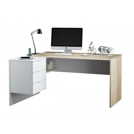 Mesa de escritorio con cajonera y estante Blanco Artik y Roble Canadian Mobelcenter