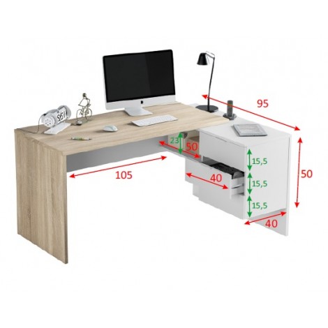 Mesa de escritorio con cajonera y estante Blanco Artik y Roble Canadian Mobelcenter
