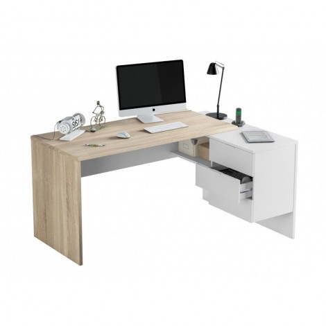 Mesa de escritorio con cajonera y estante Blanco Artik y Roble Canadian Mobelcenter
