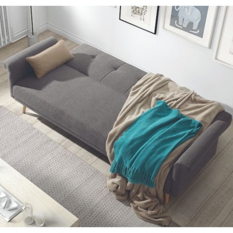 Sofá Cama Islandia abierto color marengo y patas de madera natural, muy cómodo, rápido de abrir y barato Mobelcenter