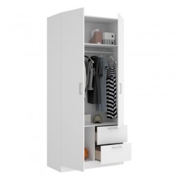 Armario 2 puertas 2 cajones Maxi abierto 215 cm de altura, blanco con barra de colgar y 2 estantes, muy barato. Mobelcenter