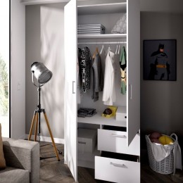 Armario 2 puertas 2 cajones Maxi 215 cm de altura, color blanco con barra de colgar y 2 estantes, muy barato. Mobelcenter