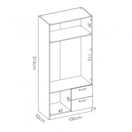 Medidas Armario 2 puertas 2 cajones Maxi 215 cm de altura, blanco con barra de colgar y 2 estantes, muy barato. Mobelcenter