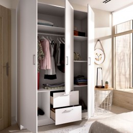 Armario 3 puertas 2 cajones Maxi 215 cm de altura, blanco, barra de colgar, 5 estantes, muy barato. Mobelcenter