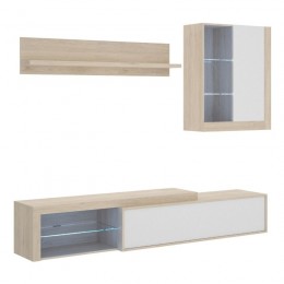 Mueble de Salón Koln reversible en Natural y Blanco Brillo, luces led, módulo TV, superior, estantería, barato. Mobelcenter