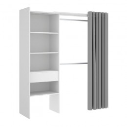 Armario Vestidor 1 Cajón y Cortina Suit en blanco, 2 barras de colgar, 4 estantes y 1 cajón, reversible, barato, Mobelcenter