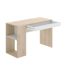 Mesa Escritorio Teo Natural y Blanco, mesa oficina reversible, 1 cajón, 1 estantería y 2 huecos,  muy barata, Mobelcenter