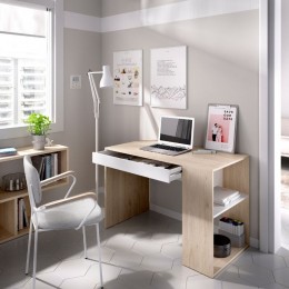 Mesa Escritorio Teo reversible Natural y Blanco, mesa oficina 1 cajón, 1 estantería y 2 huecos, barata, Mobelcenter