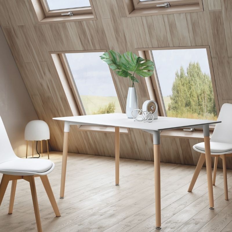 Mesa comedor fija Caribe rectangular acabado color blanco y patas color natural regulables. Mesa barata. Mobelcenter