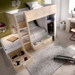 Cama Tren Move Blanca y Natural reversible abierta en línea, armario, 2 cajones, barata. Mobelcenter.