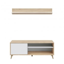 Mueble de Tv con estante Kikua Plus acabado Roble Canadian y Blanco Artik. Mueble tv 1 puerta 2 huecos. Mobelcenter