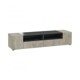 Mueble tv Tamiko color roble alaska y gris antracita con 2 puertas laterales y zona central con puerta lateral y 2 huecos.