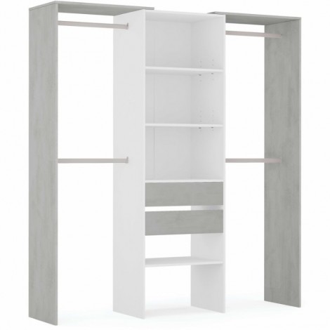 Armario vestidor con 2 cajones, 4 estantes y 4 barras de colgar. Color blanco y cemento. Mobelcenter