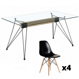 Conjunto mesa cristal Spyder acabada en madera y acero negro y juego 4 sillas tower negras con patas de madera color haya