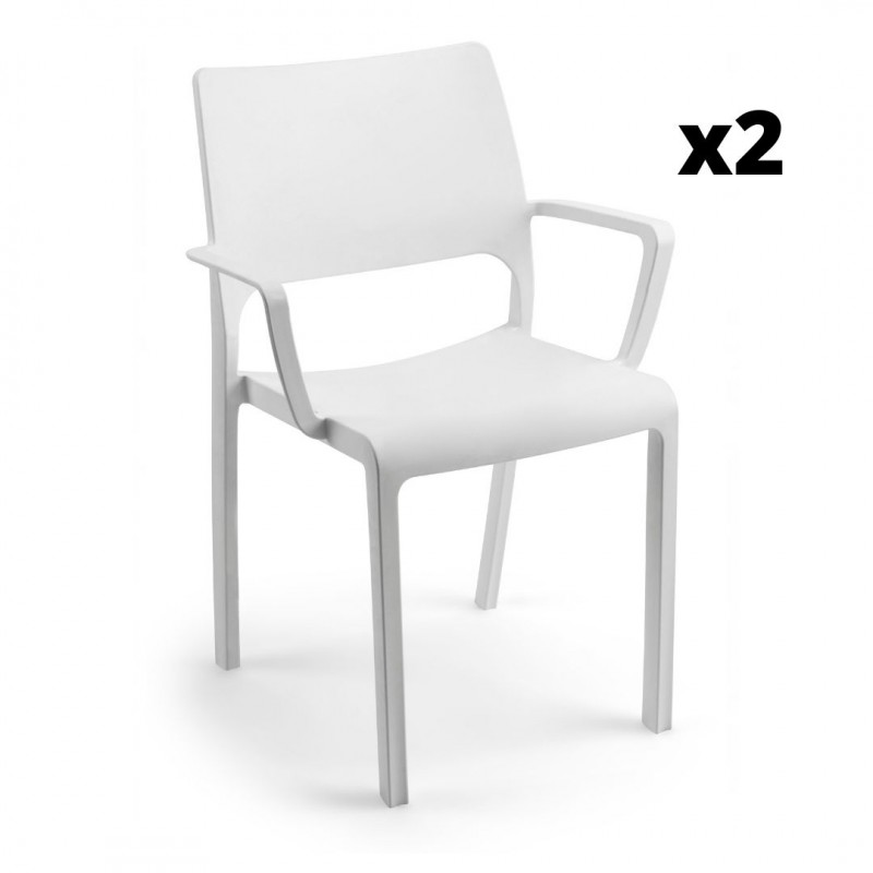 Silla fija apilable Tramonta con brazos color blanco, ergonómica y cómoda, interior y exterior. Pack 2 unidades Mobelcenter