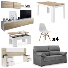 Pack con mueble salón y estante superior, mesa de centro, cabezal, mesa comedor extensible, 4 sillas y sofá 3 plazas