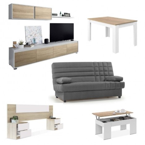 Pack con mueble salón y estante superior, mesa de centro, cabezal, mesa comedor extensible y sofá cama Pack con mueble salón y estante superior, mesa de centro, cabezal, mesa comedor extensible y sofá cama
