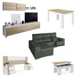 Pack con mueble salón y estante superior, mesa de centro, cabezal, mesa comedor extensible y chaiselongue