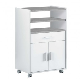 Mueble Microondas con ruedas, 2 puertas, 1 cajón , bandeja extraíble y estantes, Acabado en blanco y cemento