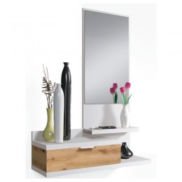 Mueble Recibidor Dahlia con cajón y espejo acabado en color roble nodi y blanco artik