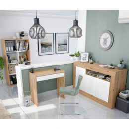 Mesa escritorio con cajón y estantería Noa y aparador Baltik acabado en color Roble Nodi y Blanco Artik