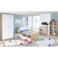 Mesa escritorio con cajón, estantería, armario y cama Noa acabado en color Roble Nodi y Blanco Artik