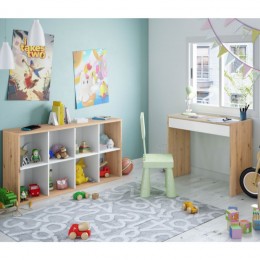 Estantería Cubos Noa en color Roble Nodi y Blanco Artik con 8 huecos y posición horizontal y escritorio Noa