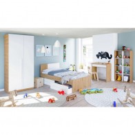 Estantería Cubos Noa en color Roble Nodi y Blanco Artik con 8 huecos y posición vertical más armario, cama y escritorio Noa