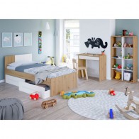 Estantería Cubos Noa en color Roble Nodi y Blanco Artik con 8 huecos y posición vertical más cama y escritorio Noa