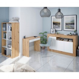Estantería Cubos Noa en color Roble Nodi y Blanco Artik con 8 huecos y posición vertical más escritorio Noa y Aparador Baltik