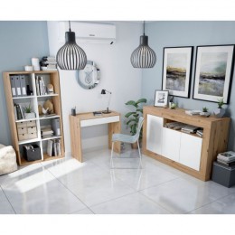 Estantería Cubos Noa en color Roble Nodi y Blanco Artik con 8 huecos y posición vertical más escritorio Noa y Aparador Baltik
