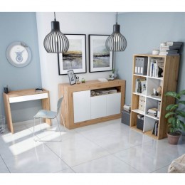 Estantería Cubos Noa en color Roble Nodi y Blanco Artik con 8 huecos y posición vertical más escritorio Noa y Aparador Baltik