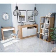 Estantería Cubos Noa en color Roble Nodi y Blanco Artik con 8 huecos y posición vertical más escritorio Noa y Aparador Baltik
