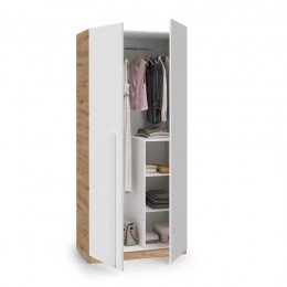 Armario Juvenil Noa con 2 puertas, barra de colgar y 3 estantes color Roble Nodi y Blanco Artik