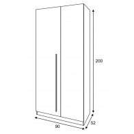Medidas armario 2 puertas juvenil Noa, 90 cm de ancho x 200 cm de alto x 52 cm de fondo
