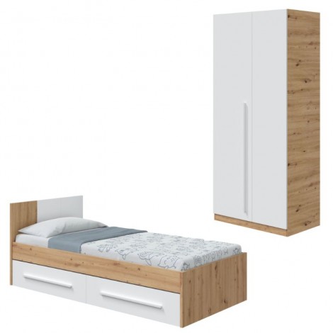 Dormitorio Juvenil Noa compuesto por cama con dos cajones y armario 2 puertas abatibles en blanco artik y roble nodi