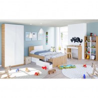 Dormitorio Juvenil Noa compuesto por cama con dos cajones y armario 2 puertas abatibles en blanco artik y roble nodi