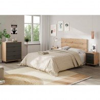 Conjunto dormitorio matrimonio enzo en color roble nodi y gris antracita formado por cabezal con 2 mesitas y cómoda 4 cajones