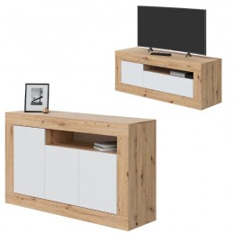 Conjunto de Salón Baltik con módulo TV 3 puertas y hueco y aparador con 3 puertas y hueco en roble nodi y blanco artik