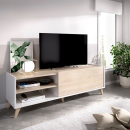Mueble TV Ness en Blanco y Natural con 1 puerta abatible y 2 huecos vistos