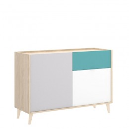 Aparador Nova con 2 puertas ,un cajón con patas, Acabado en color natural, gris, esmeralda y blanco