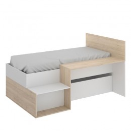 Cama Juvenil Mak de 190x90 con escritorio, 2 cajones y un hueco en Blanco y Natural